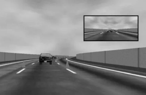 Fig. 1. Driving task environment, shown as a sample scene from the driving simulator with construction cones, lead cars, and rear-view mirror.