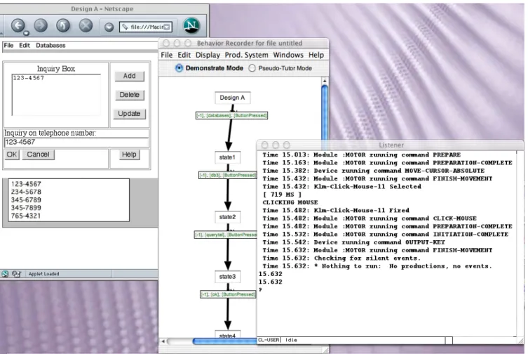 Figure 2. The task is demonstrated in Netscape on the HTML mockup (left), exported from the Behavior Recorder (center) into ACT-Simple, then loaded into ACT-R and run in a Lisp environment (right).
