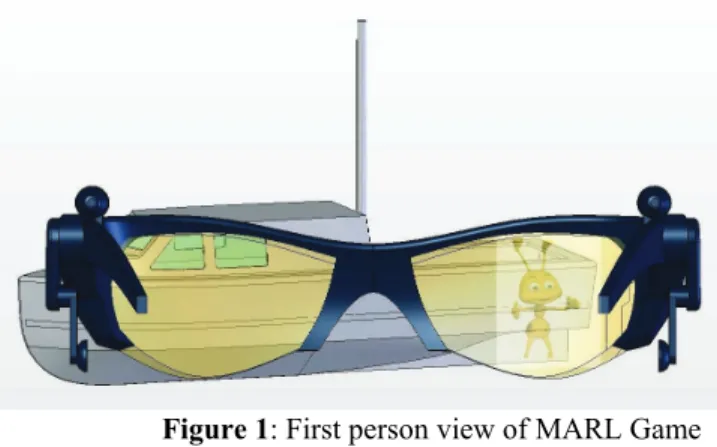 Figure 1: First person view of MARL Game  Goggles viewing boat in outdoor learning  environment with an embedded virtual  instructor