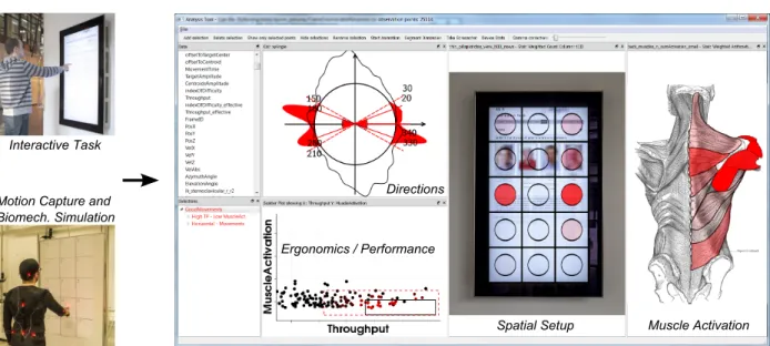 Figure 1. MovExp is a versatile visualization tool which supports the HCI experts in evaluating user interfaces by means of data coming from motion capture and biomechanical simulation
