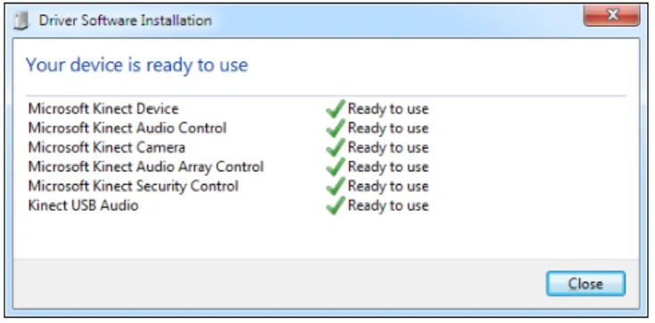 Figure 2-1 shows the results of a successful Kinect installation. If the drivers do not install   successfully, this may be because you have older drivers on your machine that need to be removed