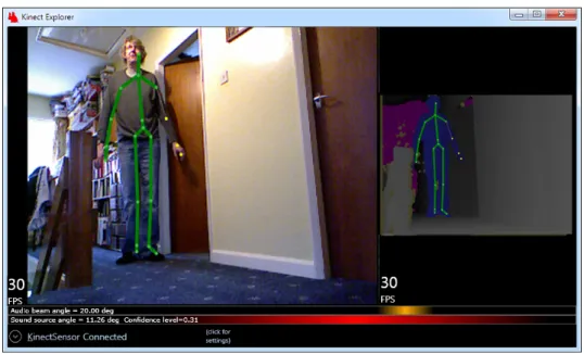 Figure 2-4 shows the main screen displayed by Kinect Explorer. On the left is the image from  the video camera, with the bones of any tracked skeletons displayed on top of it