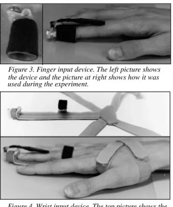 Figure 3 shows our input device for the finger. A plastic clasp at the tip of a felt-covered rubber thimble held the  sen-sor in place vertically, with its tip facing downward