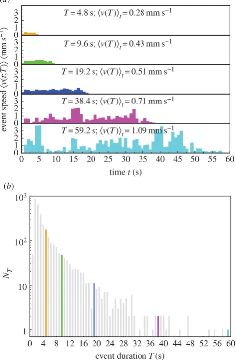 Figure 2.event durationis quantized in units of 0.8 s. The highlighted events are those displayed in( P((blue), 38.4 s (magenta) and 59.2 s (cyan), and the number of events176, 48, 11, 2, 1, respectively