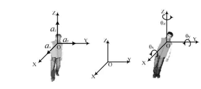 Fig. 1.  Definition of coordinate systems; (a) The sensitivity axes of the  accelerometer; (b) The sensitivity axes of the angular velocity 