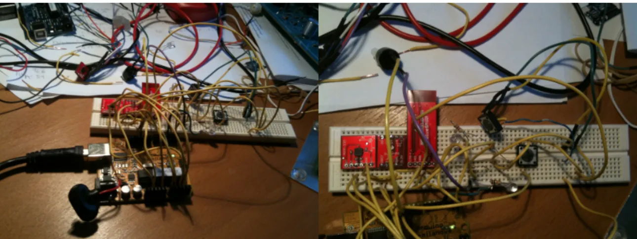 Figure 4.1: Full device outside of housing (left); close up of sensors and buttons (right)