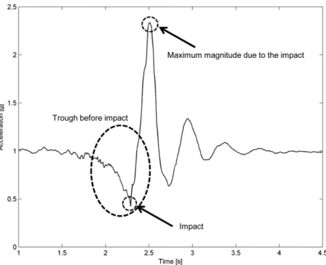 Figure 1. Prototypical acceleration sum vector of a fall. This real-world example illustrates  components that are common to many falls