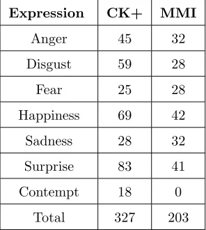 Figure 6: Example of expressions from CK+ dataset (top row) and MMI dataset (bottom row)