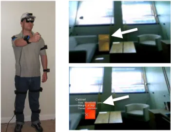 Figure 4. The user points an arm-controlled cursor (visualized  to the user as an X) at the virtual object (marked by the white  arrow), which is then highlighted