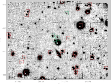 Figure 1. A white light image (4750–9350 Å) of the MUSE ﬁeld of view highlighting the galaxies whose redshift could be determined as well as the starsthat could be identiﬁed