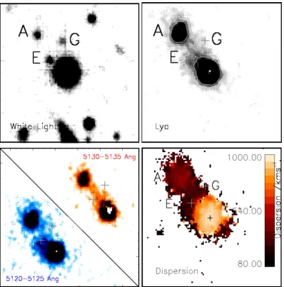 Table 2. The properties of the companion galaxies relative to the quasar. The Ly α ﬂux is determined from the areaunder a Gaussian ﬁt to the line with the continuum removed in a 2 arcsec aperture