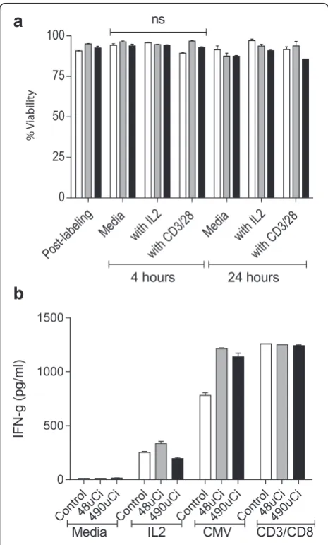 Fig. 1 Indium-111 labeling does not impact T-cell viability nor diminishantigen specific cytokine secretory function