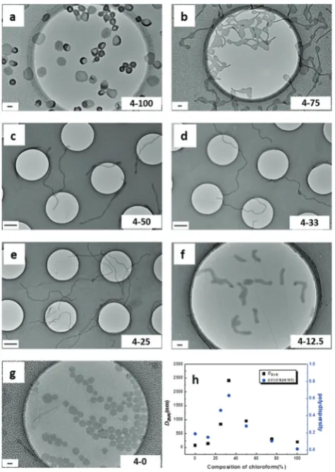 Fig. 1Representative dry state TEM images of self-assemblies preparedby RAFT dispersion polymerization for the target polymers PMMA70-b-PTMA100, 4–X in diﬀerent solvents (from a to g: volume compositions ofCHCl3 in a CHCl3 and 1,4-dioxane mixture, 100%, 75