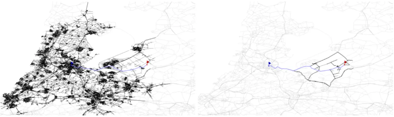 Fig. 1. Search space of different algorithms for the same sample query in a road network