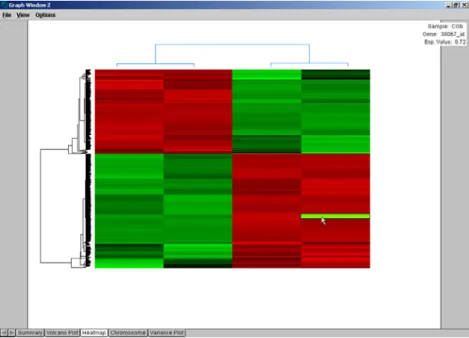 Figure 6 An interactive heat map using Insightful’s S+ArrayAnalyzer. It is linked to dendrograms resulting  from average linkage hierarchical clustering, which has been applied independently to the rows (genes) and  columns (samples)