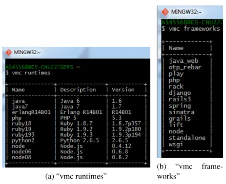 Figure 9.7: Results from the “vmc frameworks” and “vmc runtimes” commands