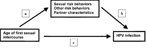 Fig 2. Model of the association between age offirst sexual intercourse and HPV infection, as me-diated by sexual and other risk behaviors andpartner characteristics.