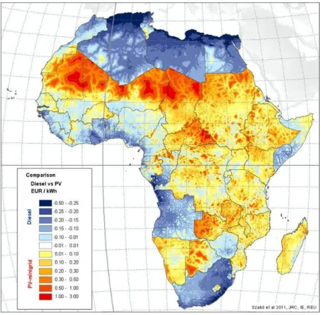 Figure 8: Map of estimated cost of kWh delivered by a diesel generator and by a PV system with a minigrid in Africa 