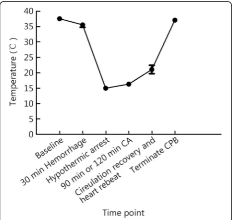Fig. 2 Changes in the core temperatures of test animals. Coretemperatures during the experiment are shown for each time pointfrom each animal in both groups