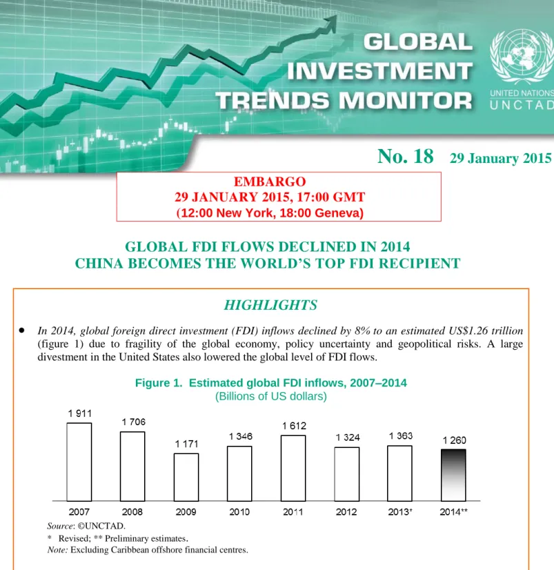 Figure 1.  Estimated global FDI inflows, 2007–2014  (Billions of US dollars) 