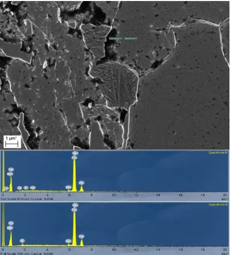 Figure 9: EDX analysis for unelectropulsed sample showing the existence of precipitation free zones in the microstructure (the dark areas around grain boundaries)  
