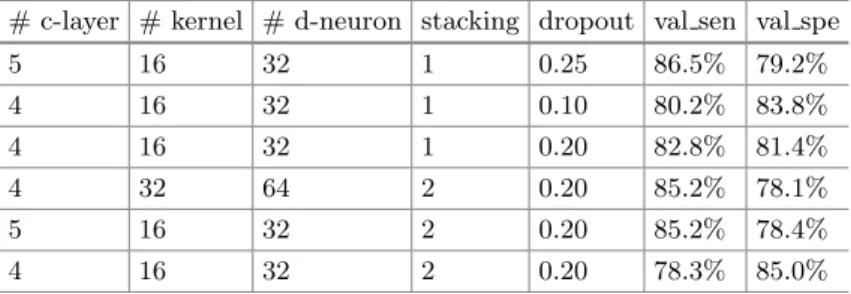 Table 1. Top validation models. Columns naming description: ‘# c-layers’ → number of convolutional layers; ‘# kernels’ → number of kernels per layer; ‘# d-neuron’ → number of neurons of each dense layer; ‘stacking’ → number of parts that each  win-dow was 