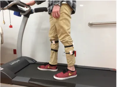 Figure 1. Experimental setup: a single subject getting ready for full-factorial trials on a treadmill.