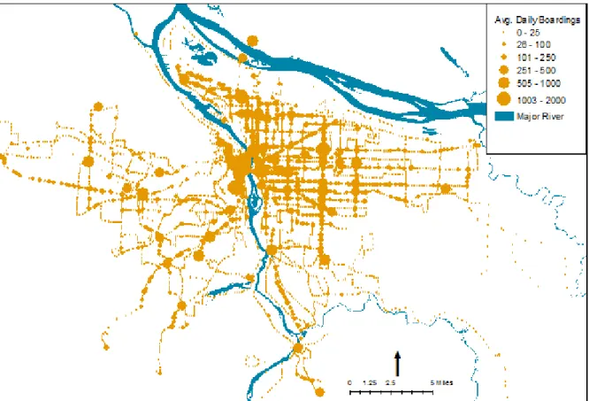Figure 10:  Average Weekday Boardings at Stops, Fall 2005, 2-D Representation 