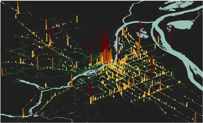 Figure 11:  Average Weekday Boardings at Stops, Fall 2005, 3-D Representation 