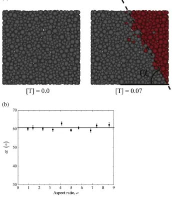 Fig. 7. Active failure state of the granular sample. (a) Motion of solid grains. (b) Inclination angle of the slope failure plane.