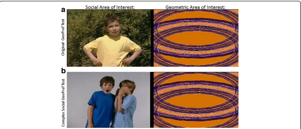 Fig. 1 Examples of stimuli. a Sample image from the original GeoPref test which consists of a 60-s video composed of 28 scenes, 26 of whichinvolve one individual’s movement (while the other two scenes include twins moving side by side)