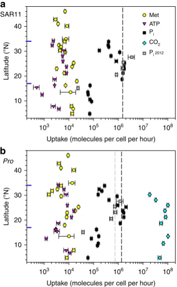 Figure 1 | Latitudinal distribution of cellular nutrient uptake and CO2centre of the gyre during the 2010 and 2012 cruises, respectively