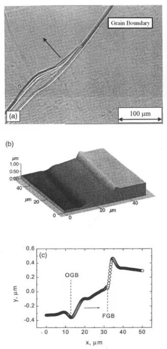 Fig. 3.- (a) Light microscopy, (b) atomic force microscopy images of migrating grain  boundary, and (c) its linear profile containing original (OGB) and final (FGB) grain boundary 