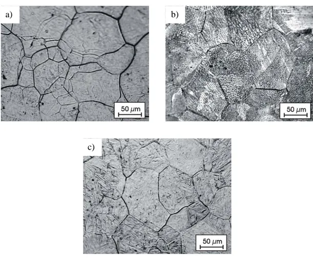 Fig. 6.- Optical micrographs of the prior austenite grains at different austenitisation conditions  revealed by thermal etching in V steel: a) 1200 ºC and 300 s; b) 1200 ºC and 180 s