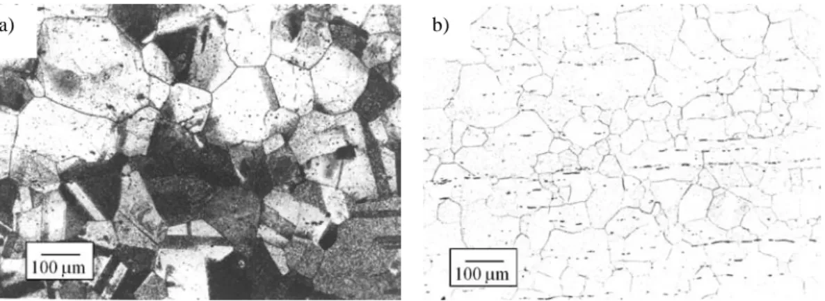 Fig. 7. Optical micrographs of the prior austenite grains revealed by thermal etching at a)  1250 ºC and 180 s in Ti steel and b) 1250 ºC and 60 s in TiV steel