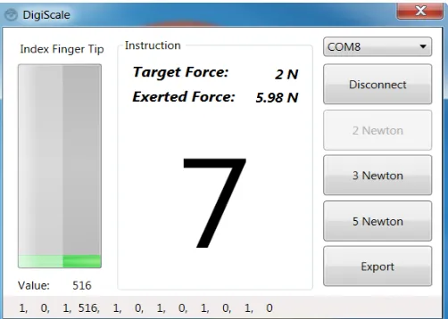Figure 2.The DigiScale application is designed to deliver visual feedback onthe exerted force by the user and to collect samples form the user performance.