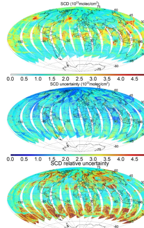 Figure 2. OMI water vapor (top) SCD, (middle) SCD uncertaintyand (bottom) SCD relative uncertainty for 14 July 2005 from thestandard retrieval.