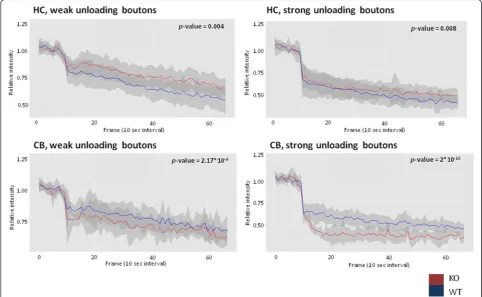 Fig. 2 Differences in synaptic bouton unloading of FM1-43 dye in hippocampal (HC) and cerebellar (CB) neurons