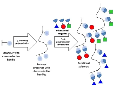 Figure 1.13: The process of creating functional polymers using a two-step post-polymerisation modification process 