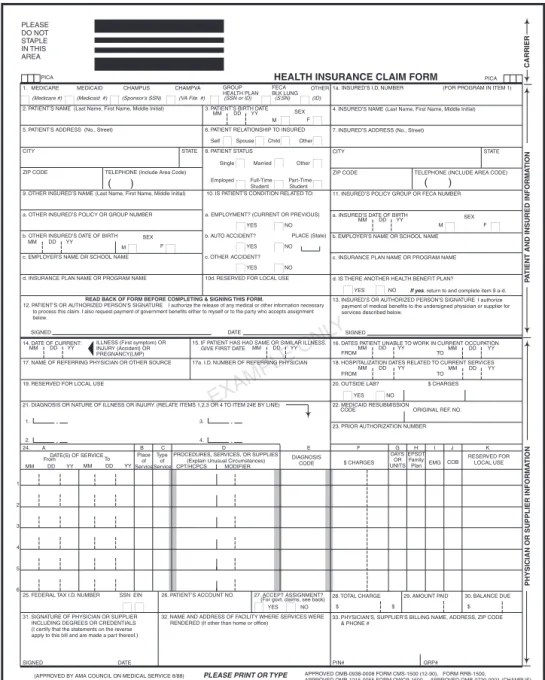 Figure 6-6 CMS-1500 claim form utilized to submit charges for physician and outpatient services.