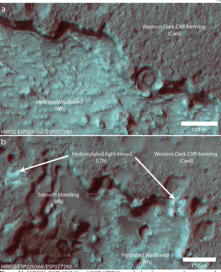 Figure 14. HiRISE (ESP 026568 and ESP 027280) anaglyphs of contacts at the western edge of a capping unit A) The phyllosilicate-bearing unit of preserved bedforms (Wh), characterized by distinct lithified linear dunes with a “washboard texture” as describe