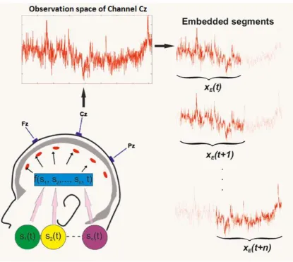 Fig. 4.7: The mixed signal sources that contribute to the overall non-linear EEG signal form a single observation space for each 
