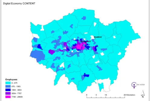 Fig. 6 London’s Digital Economy Clusters (LQs) (Data Source: BRES2009/SIC2007) 