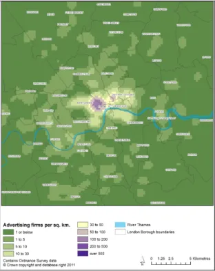 Table 1: Sector concentration in inner east London   Fig. 9 Advertising Agglomeration 