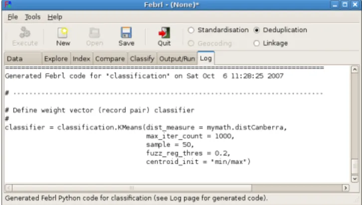 Figure 14: Log tab showing the Febrl Python code generated for an example ‘KMeans’ classifier.
