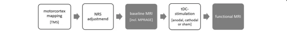 Fig. 1 Study sequence per appointment. Illustration of the study sequence for each appointment (3 per subject), white boxes represent activityoutside the scanner including motorcortex mapping using transcranial magnetic stimulation, pre DCS stimulus intens