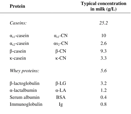 Table 2.1 Typical concentrations of the proteins in milk (Ng-Kwai-Hang, 2002) 
