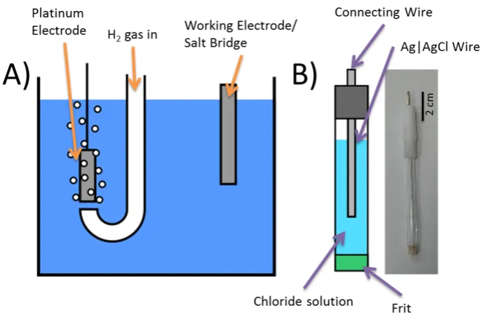 Figure 1.1: Schematic of both A) standard hydrogen electrode and B) Ag|electrode. Also shown in (B): a photo of a AgAgCl|AgCl electrode.
