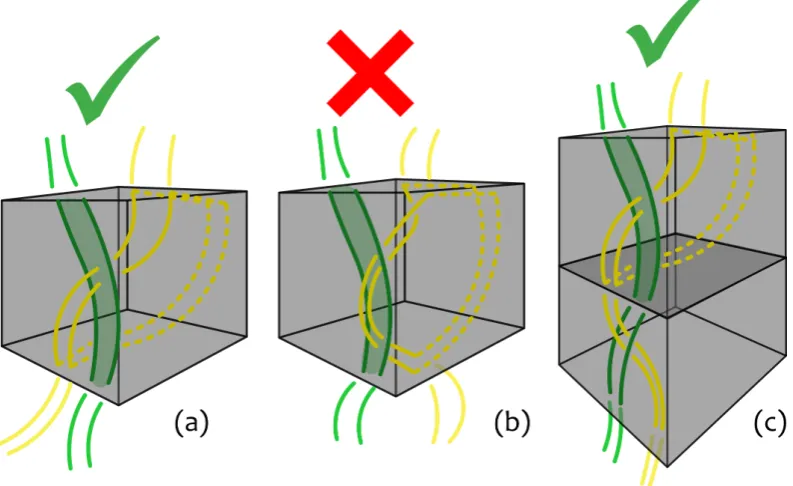 Figure 4.3: Sketches of “tricky” threadings, where rings share the same entry/exit faceand detected by the algorithm described in this Chapter