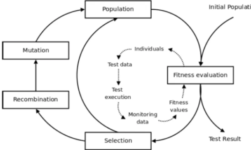 Figure 2.4.2 depicts the typical evolutionary algorithm cycle when applied to Evolu- Evolu-tionary Testing.